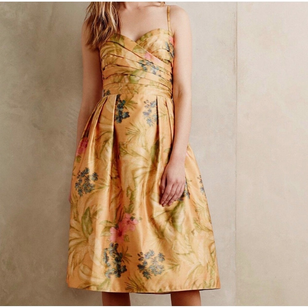 James Coviello Anthropologie Orange Floral PleatedCocktail Dress 4 whimsi dainty